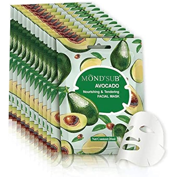 Mond'sub [12 P]AVOCADO OIL FACIAL MASKS-BEST SHEET MASK FOR DRY SKIN-DEEPLY NOURISHING&MOISTURIZING- MAKE SKIN SOFT&CLEAR-EVERY SKIN CONDITION DAY TO DAY SKIN CONCERNS-BOTH MEN&WOMEN - Image 1